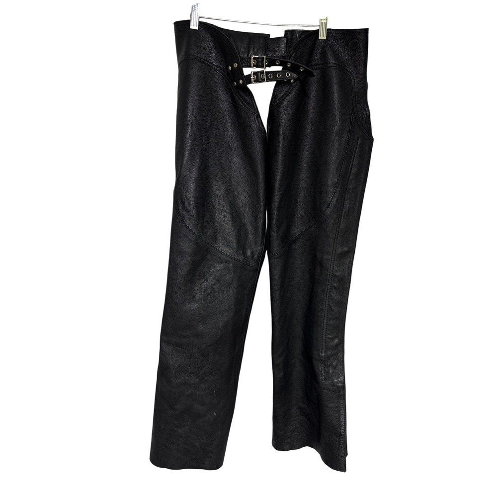 Mens Black Leather Motorcycle Chaps Biker Riding Pants Moto XXL Extra Large‎